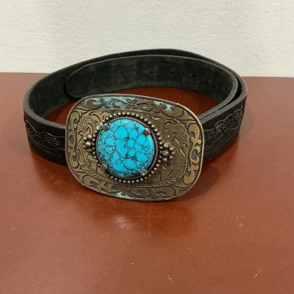 VTG 90s BEBE Leather Western Belt Turquoise Concho Black Floral Tooled Boho USA